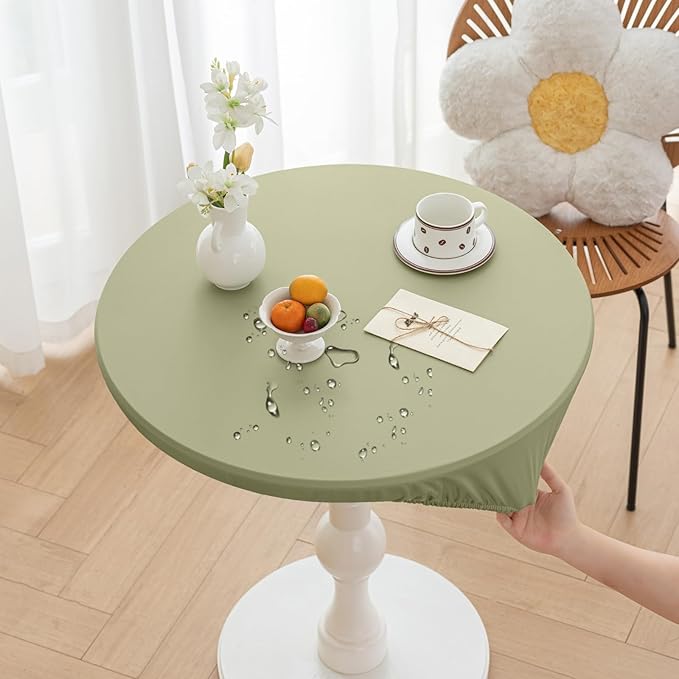Round Fitted PU Tablecloth with High Elastic Edge 59 Inch Dia Waterproof Oil Proof Table Cloth Anti-Scald Stain-Resistant Wipeable Table Cover for Indoor Outdoor Picnic (Green,59" Dia)