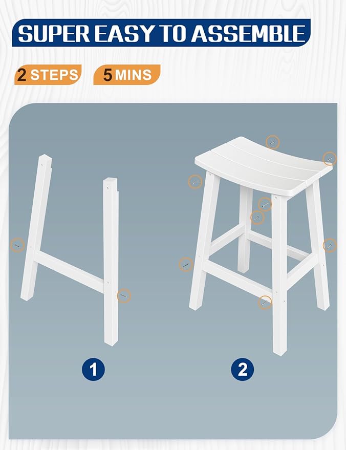 Weatherproof Bar Stools Set of 2, 28" Height Outdoor Bar Stools Holds up to 400 lbs, Saddle Seat, Bar Height Stools for Patio, Garden, and Kitchen Island, White