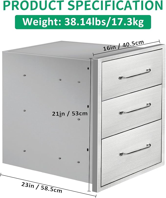Outdoor Kitchen Drawers 16" W x 21" H x 23" D Stainless Steel Triple Drawers with Ergonomic Handle for BBQ Island, Patio Grill Station & Outdoor Kitchen Cabinets