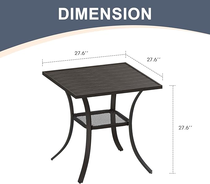 VICLLAX Patio Dining Table, Square Table Metal Outdoor Bistro Table with Rack for Balcony Garden Deck, 28inch Ash Grey