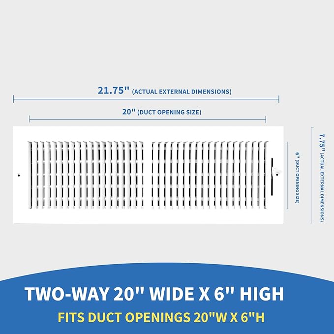 20x6 Vent Register [Duct Opening], Vent Covers for Home Ceiling, Two-Way Ventilation Register, Adjustable Solid Steel Wall Register Vent Cover (20"W x6"H [Duct Opening])