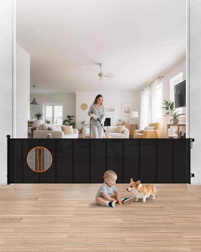 120" Wide Retractable Baby Gate, 34" Tall Reinforced Mesh Gate with 10 Rods to Prevent Sagging, Secure Closure Extra Wide Baby Gate for Large Living Rooms, Indoor/Outdoor Spaces, Black