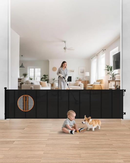 120" Wide Retractable Baby Gate, 34" Tall Reinforced Mesh Gate with 10 Rods to Prevent Sagging, Secure Closure Extra Wide Baby Gate for Large Living Rooms, Indoor/Outdoor Spaces, Black