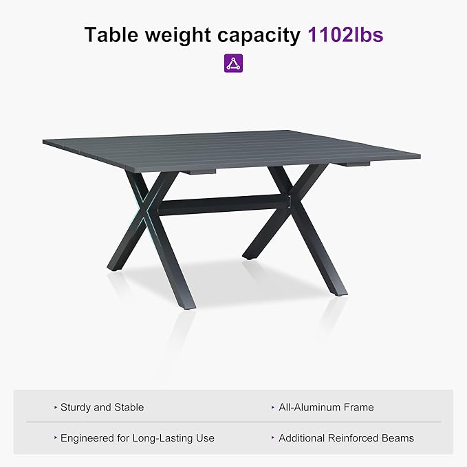 PURPLE LEAF Outdoor Dining Set for 8 All-Weather 9 Piece Patio Aluminium Dining Large Square Table and Rope Weave Chairs Included Cushions for Backyard Decor Kitchen Patio Furniture Set Grey and Navy