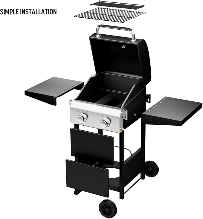 ROVSUN 2-Burner Propane Gas BBQ Grill with Foldable Side Tables & Enameled Cast Iron Grates, 24,000 BTU Barbecue Grill with Portable Wheels for Outdoor Patio Backyard Cooking Grilling, Black