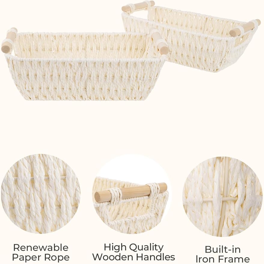 StorageWorks Round Paper Rope Woven Basket with Wooden Handles for Gifts, Small Wicker Baskets for Shelf, Beige, 2-Pack