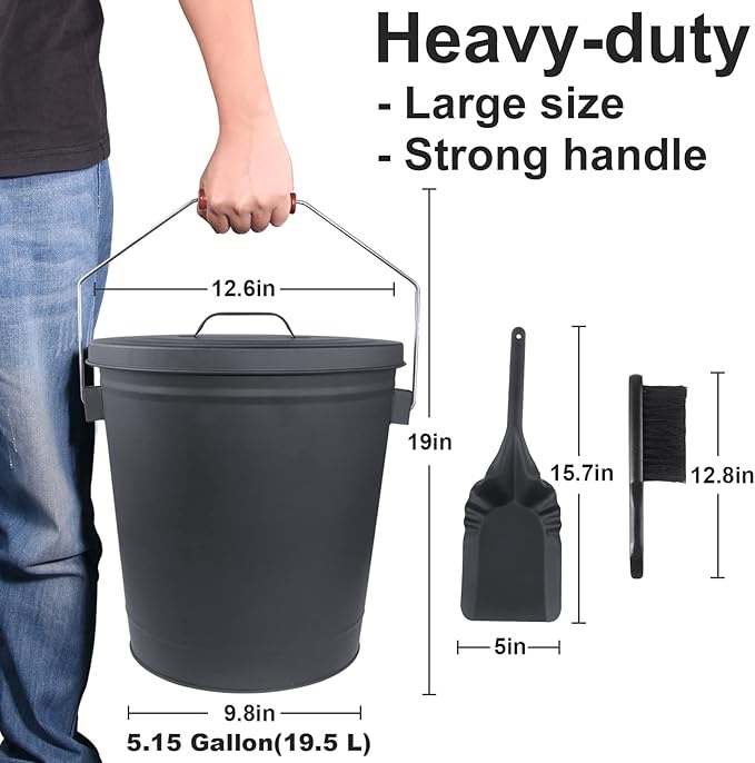Ash Bucket with Lid and Shovel Hand Broom, 5.15 Gallon Large Galvanized Iron Metal Fireplace Tools Ash Pail for Fire Places Fire Pits Wood Burning Stoves Hearth Accessories Indoor Outdoor, Black