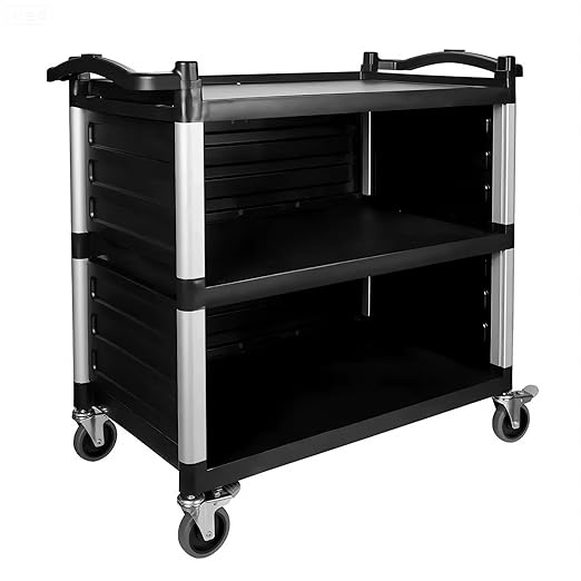 NorthSky Select Dual-Handle Utility Service Cart, 3 Shelves, 440 lb. Capacity -Black Plastic Shelves, Lockable Swivel Casters - Suitable for Hospital, Lab, Hotel, Office Transport & Organizing