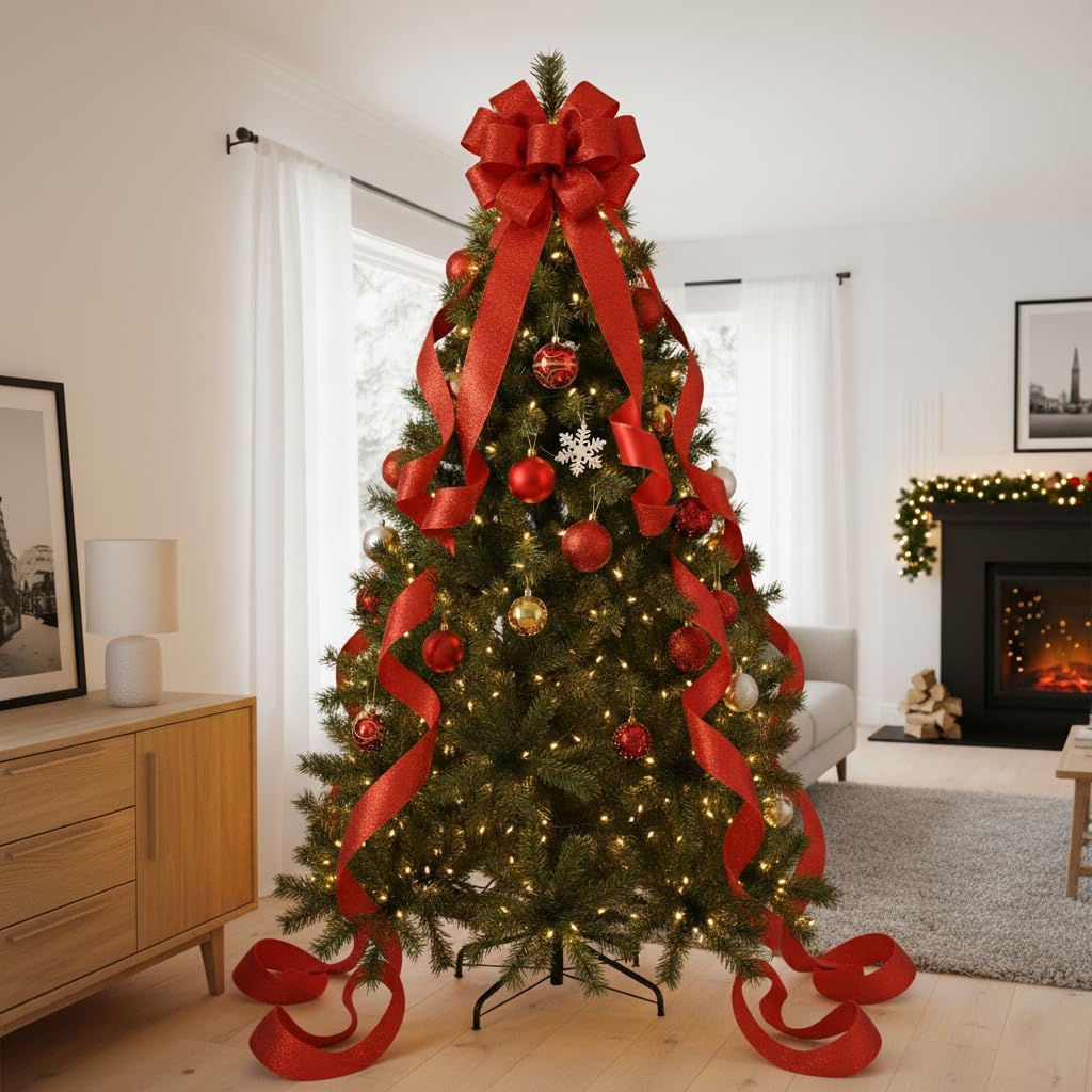 CT CRAFT LLC Glitter Wired Ribbon 2.5" x 10 Yards Red for Christmas Home Decor Bow Gift Wrapping DIY Crafts Wreath