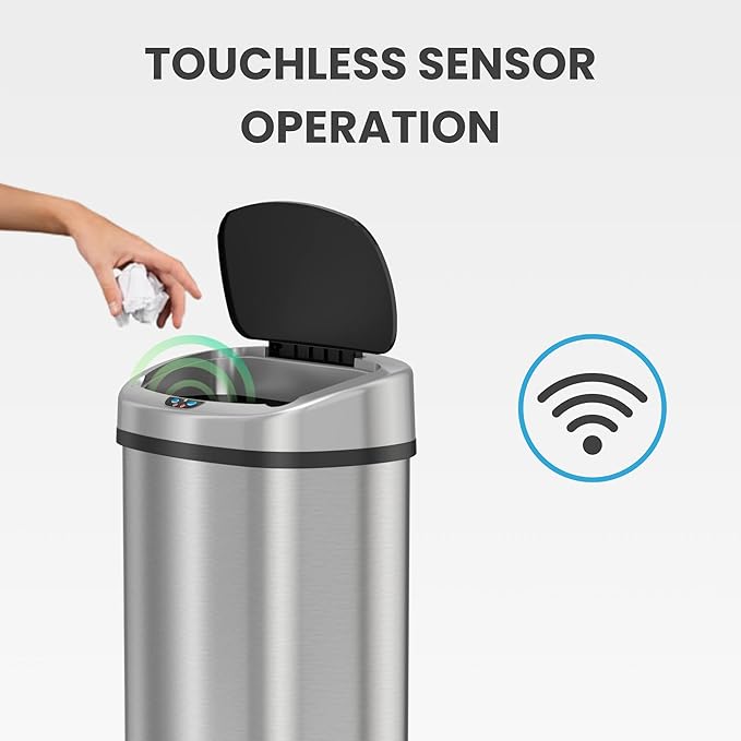 iTouchless 13 Gallon Automatic Sensor Trash Can with AbsorbX Odor Filter, Stainless Steel Kitchen Garbage Bin, Fingerprint-Proof, Hands-Free Operation, Oval