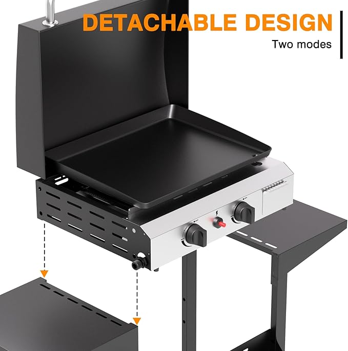 2 Burner BBQ Gas Griddle with Hood, 17.3 Inch Stainless Steel Portable Detachable Propane Griddle, 30,000 BTU Flat Top Barbecue Grill with Side Shelves for Camping