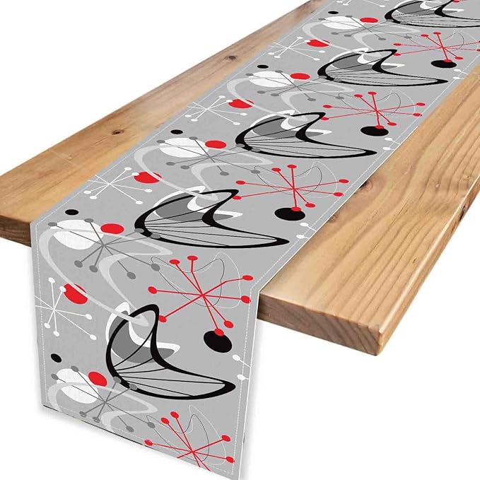 Mid Century Table Runner, Retro 1950s Atomic Minimalist Modern Abstract Geometric Gray Coffee Table Center Decor for Home Kitchen Dining Patio Holiday Party Table Decorations, 13"x90" Inch
