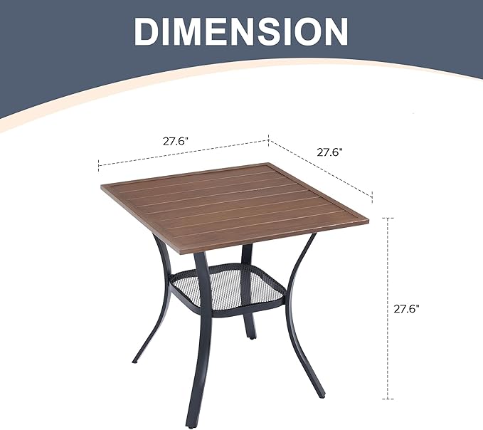VICLLAX Patio Dining Table, Square Table Metal Outdoor Bistro Table with Rack for Balcony Garden Deck, 28inch Walnut