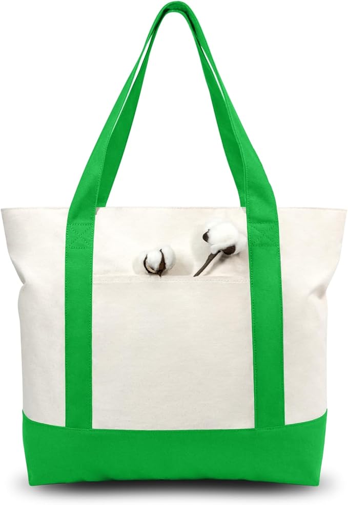 TOPDesign 6-Pack Canvas Tote Bags with an External Pocket, Reusable Grocery Shopping Bags, Top Zipper Closure, Daily Essentials (Lime Green/Natural)