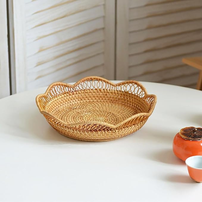 RT&BS Rattan Fruit Baskets for Serving, Handwoven Bread Basket, Christmas Food Baskets, Storage Basket for Bread Snack Candy Small Items (Ø9 x 2'')