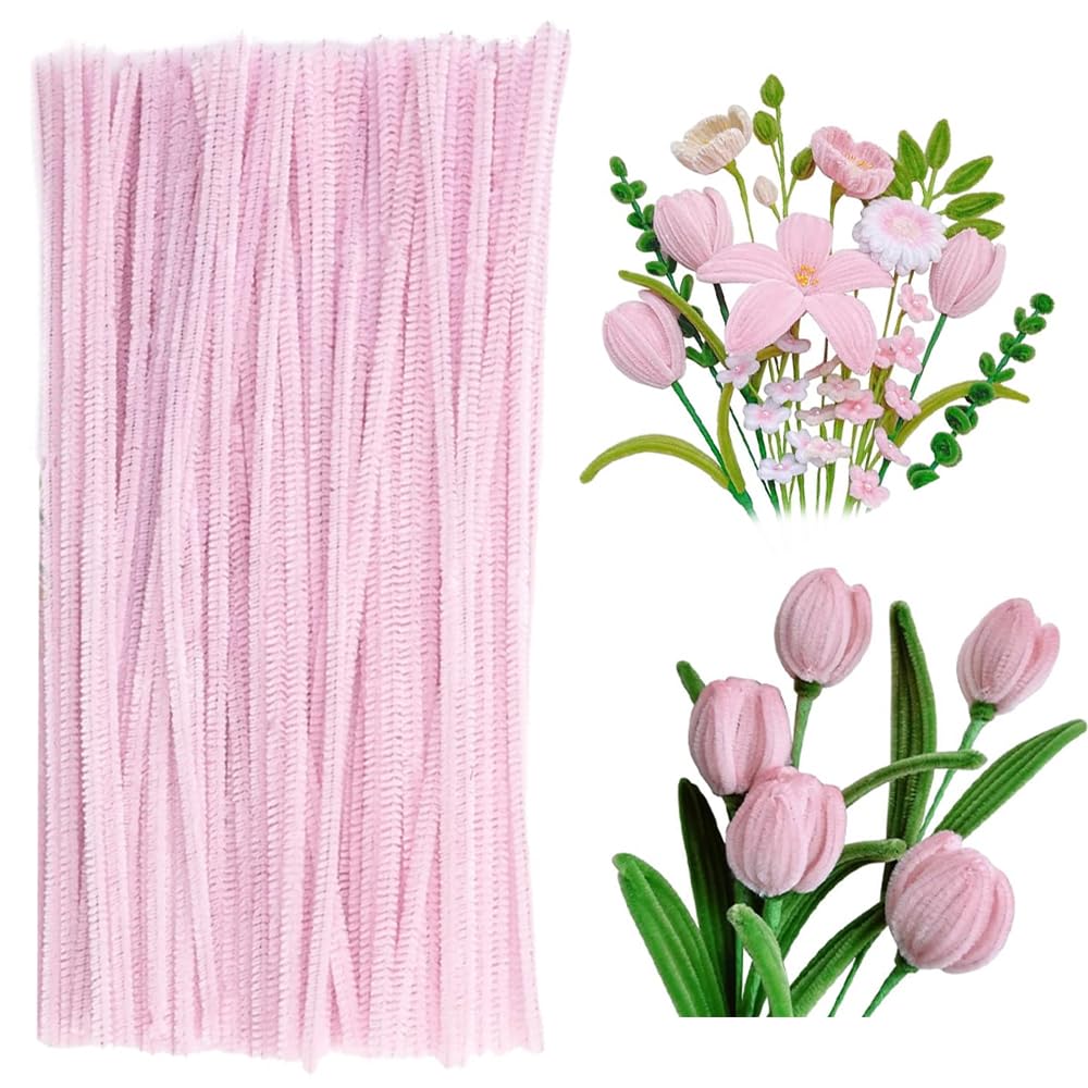 100 Pieces Pipe Cleaners Chenille Stem, Solid Candy Pink Color Pipe Cleaners Set for Pipe Cleaners DIY Arts Crafts Decorations, Chenille Stems Pipe Cleaners (Light Pink)