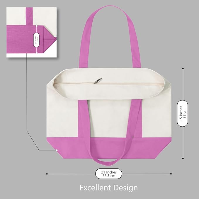 TOPDesign 6-Pack Canvas Tote Bags with an External Pocket, Reusable Grocery Shopping Bags, Top Zipper Closure, Daily Essentials (Light Purple/Natural)