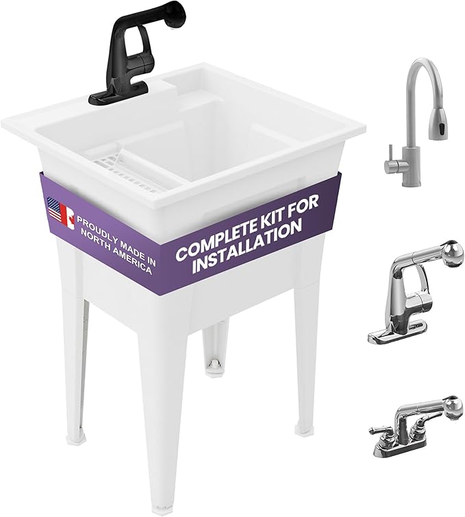 Freestanding Utility Sink with One Handle Black Faucet - 24" Plastic Utility Sink for Garage, Laundry, Indoor and Oudoor Use - Laundry Tub Kit by Noah William Home - White (19.5 gal)