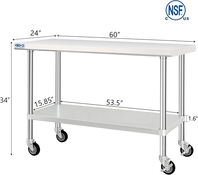 HARDURA Stainless Steel Table with Wheels 24 x 60 Inches Kitchen Prep Table Heavy Duty Stainless Steel Workbench with Aluminium Corner Undershelf NSF 304 Metel Table for Commercial Restaurant