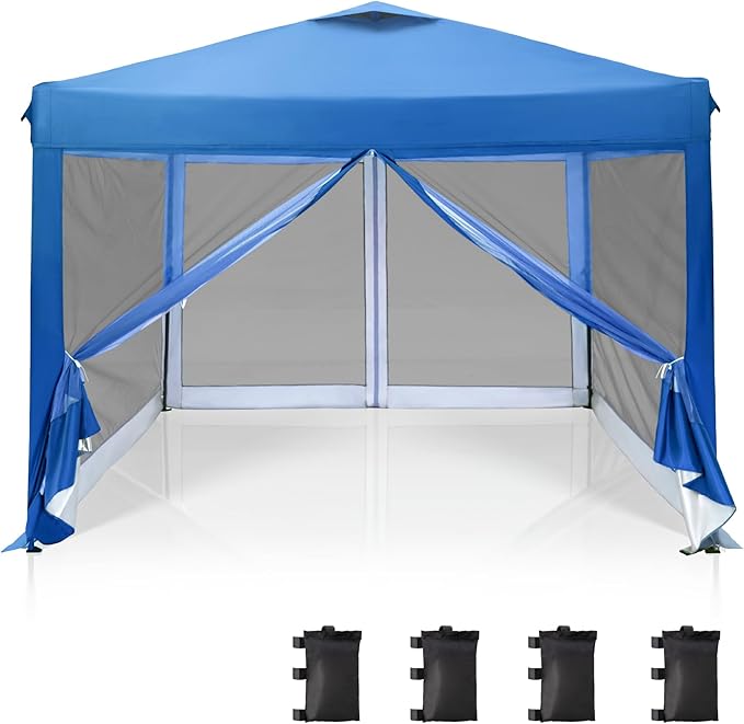 PHI VILLA 10 x 10 Pop Up Canopy Tent with Netting, Instant Gazebo, Ez up Screen House Room with Carry Bag, Height Adjustable, for Outdoor, Garden, Patio,Blue