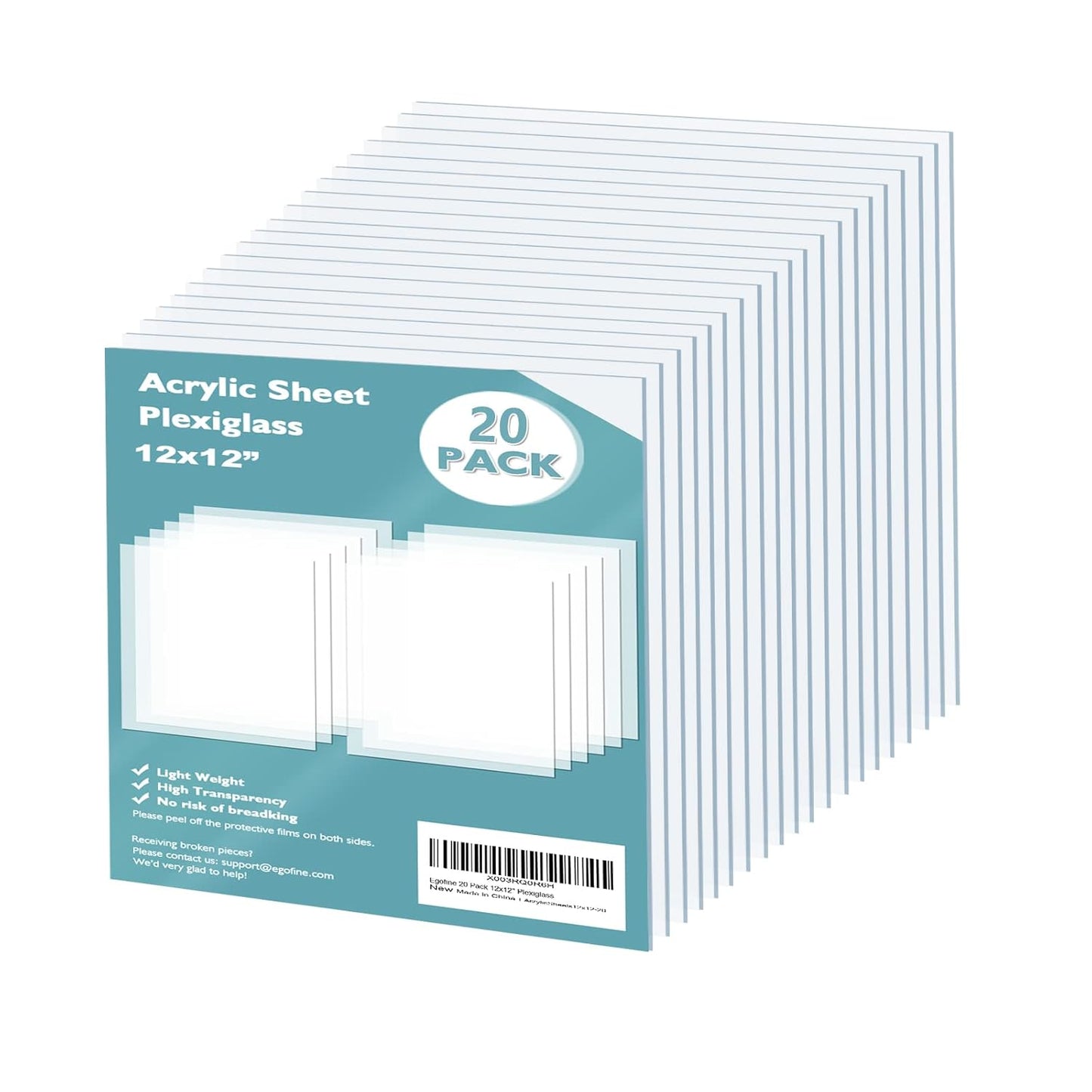 Egofine Plexiglass Sheets Acrylic Sheets 20 Pack of 12x12’’ 0.04 Thick Clear Plastic Cast Transparent Plexi Glass for Crafting Projects, Replacement Picture Frame Glass, DIY Display, Easy to Cut