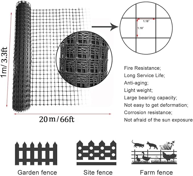 Plastic Fence Animal Barrier,3.3x33ft [Heavy Duty] Outdoor Safety Snow Plastic Fencing Roll Temporary Fence,Reusable Garden Netting for Construction Dog Rabbits Chicken (Black)
