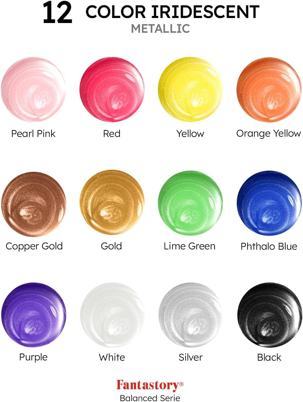 Fantastory Metallic Iridescent Acrylic Paint Set with 12 Brushes, 12 x 2oz Metallic Colors, Color-Shifting, Craft Paint Kit, Metal/Canvas/Rock/Stone/Ceramic/Model/Wood Painting [Balanced Series].