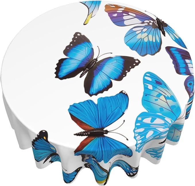 Bule Butterfly Round Tablecloth Beautiful - Butterfly Bule Tablecloth 60 Inch Waterproof Rustic Table Cloth Fabric Farmhouse Stripe Decorative for Picnic Party Holiday Home Indoor Outdoor