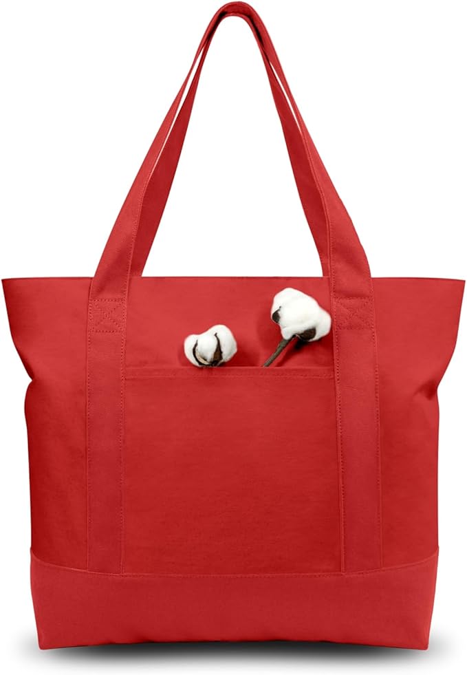 TOPDesign 6-Pack Canvas Tote Bags with an External Pocket, Reusable Grocery Shopping Bags, Top Zipper Closure, Daily Essentials (Red)