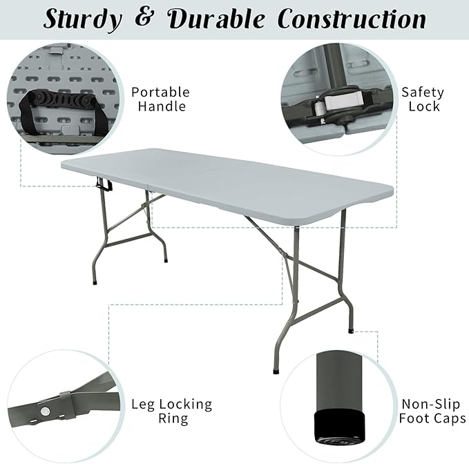 Fivenl 2 Pack 6 FT Folding Tables Grey Foldable Table, Fold-in-Half with Carrying Handle Portable Plastic Rectangular Table for Party, Dining, Wedding, Camping, Picnic, Indoor Outdoor Events