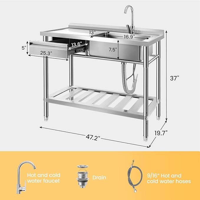 Stainless Steel Utility Sink, 47.2'' Free Standing Single Bowl Kitchen Sink with Cold and Hot Water Pipe, Left Drawer, Indoor and Outdoor for Laundry Room Farmhouse Kitchen(47.2 inch)