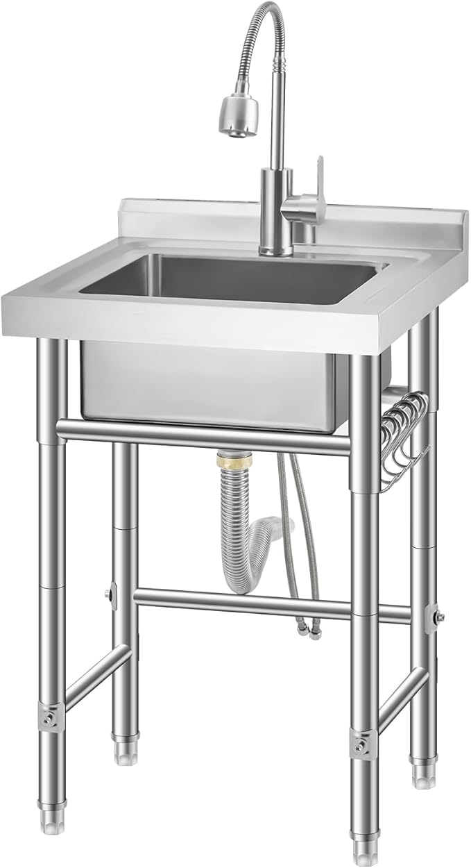 Stainless Steel Utility Sink, Free Standing Single Bowl Kitchen Sink, Adjustable Leg Height, with Faucet, Hot and Cold Water Pipes, Commercial Laundry Tub, Hook for Indoor Outdoor Farmhouse Use