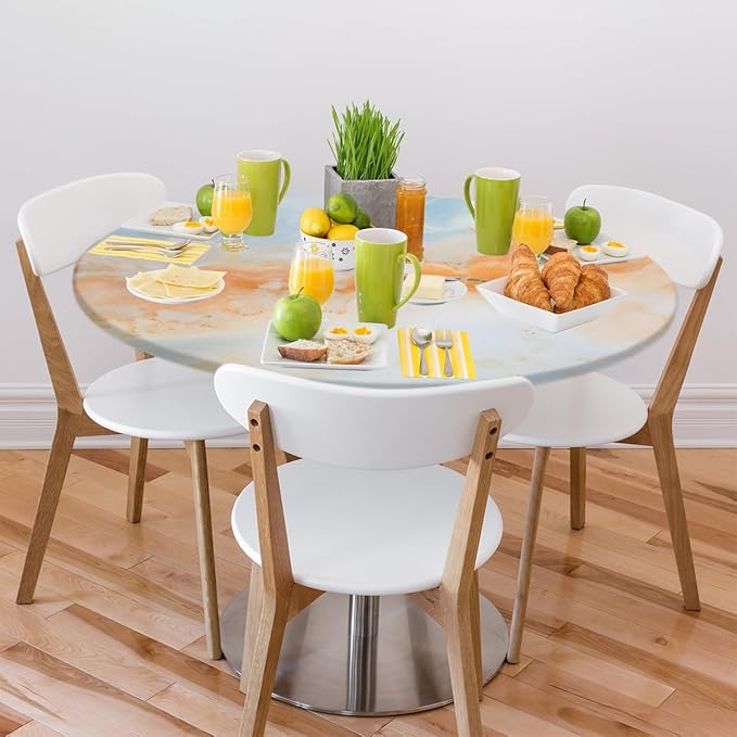 Marble Ripple Orange Blue Round Table Cloth Cover, Elastic Edge Waterproof Wipeable Tablecloths 36"-42" Polyester Tablecloth for Party Restaurant Banquet Holiday Camping Outdoor Picnic