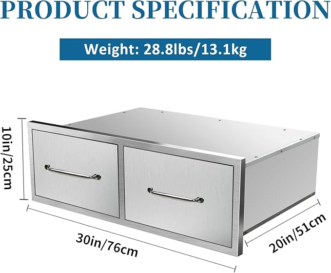 Outdoor Kitchen Drawers 30"Wx10"Hx20"D Flush Mount Access Horizontal 2-Drawer BBQ Stainless Steel Drawers with Handle for Outdoor Kitchen Island or Grill Station