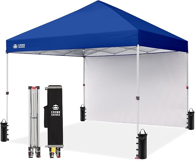 CROWN SHADES 8x8 Pop Up Canopy with 1 Side Wall - Beach Tent with One Push Setup - Outdoor Sun Shade for Events, Parties, Camping - Gazebo with STO-N-Go Cover Bag (Navy Blue)