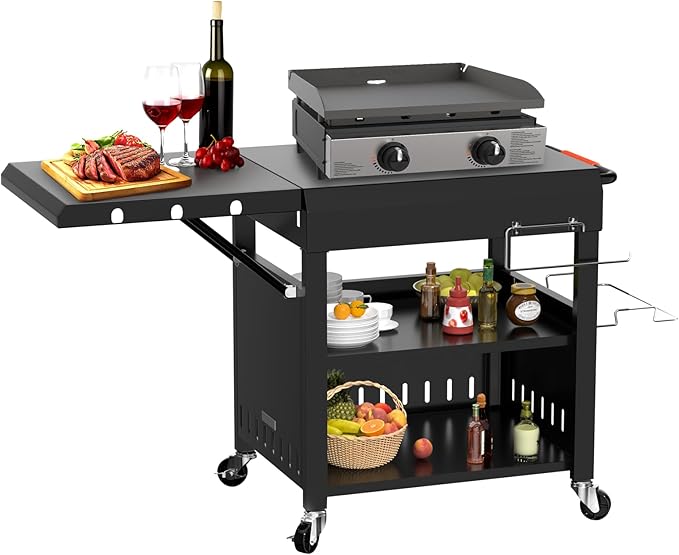 Outdoor Grill Table Cart for Blackstone 28"/36" Omnivore Griddle, 50" x 22“ Large Outdoor Kitchen Island with Foldable Side Table for Blackstone 17”/22” Griddle, Home BBQ, Tailgates, Cookouts