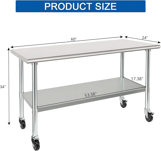HARDURA Stainless Steel Table with Wheels 24 x 60 Inches Casters NSF Heavy Duty Commercial Work & Prep Table with Undershelf and Galvanized Legs for Restaurant Kitchen Bar and Hotel Garage