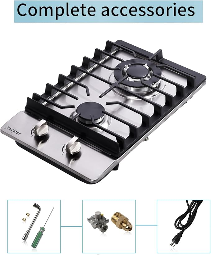 12 Inch Gas Cooktop, 2 Burners Built-in Gas Stovetop Stainless Steel Gas Stove Top Propane/Natural Gas Convertible Sealed Gas Cooktop for RVs, Apartments, Outdoor