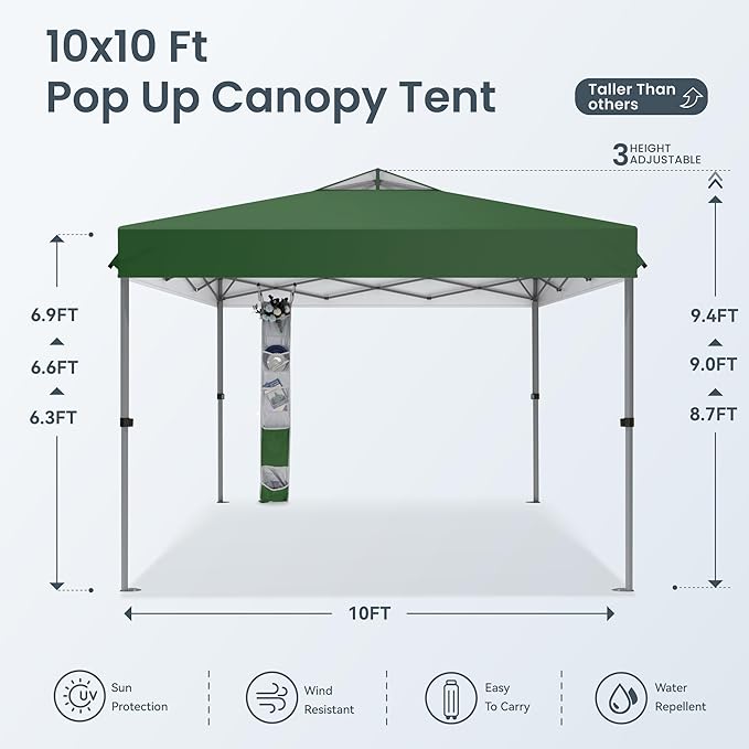 PHI VILLA 10x10ft 1-Person Setup Pop Up Canopy Tent Instant Portable Shelter w/ 1-Button Push, Case, 4 Weight Bags - Green