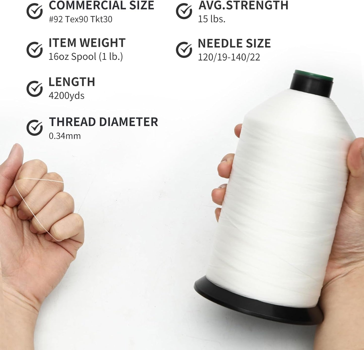 Extra Strong Bonded Nylon Thread #92 Tex90 – 16 OZ, 4200yds, Versatile Stitching Solution for Leather, Upholstery, Canvas Repair and More (White)