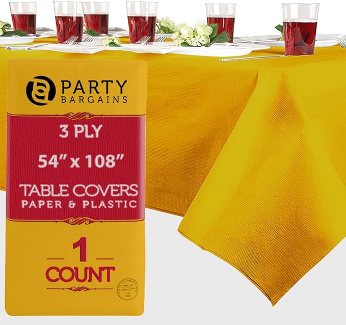 PARTY BARGAINS 1 Disposable Table Covers - 54" X 108" Yellow Table Cover, 3 Ply Paper & Plastic Tablecloth