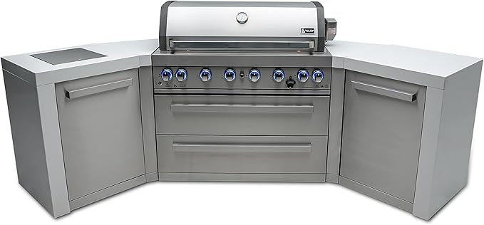 Mont Alpi 44-Inch MAi805-D45 Deluxe 45 Degree 6-Burner 115000 BTU Deluxe Stainless Steel Island Outdoor Kitchen Gas Barbecue Grill w/Granite Countertops & Sides + Storage Drawers & Cabinets