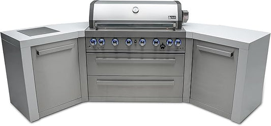 Mont Alpi 44-Inch MAi805-D45 Deluxe 45 Degree 6-Burner 115000 BTU Deluxe Stainless Steel Island Outdoor Kitchen Gas Barbecue Grill w/Granite Countertops & Sides + Storage Drawers & Cabinets