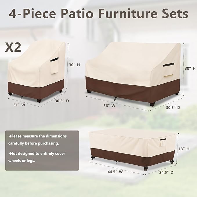 Rileytee Patio Furniture Set Covers, 4 Pcs 600D Heavy Duty 100% Waterproof Outdoor Furniture Cover, Fit Patio Loveseat, Chair and Coffee Table (Beige & Brown)