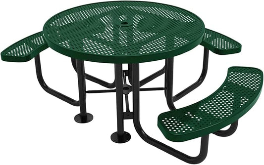 COATEDOUTDOORFURNITURE Heavy-Duty Portable Outdoor Picnic Table with Umbrella Hole, Punched Steel Patio Dining Furniture Made in America (46" Round Top, Green)