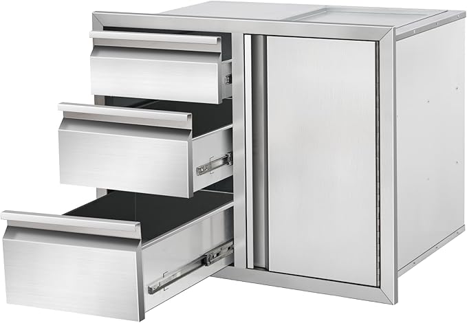 Outdoor Kitchen Drawer Combo, Stainless Steel Triple Drawers with Access Door, 28" W x 22" H x 19.5" D Outdoor Kitchen Cabinet for BBQ Island Grill Stations