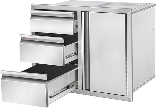 Outdoor Kitchen Drawer Combo, Stainless Steel Triple Drawers with Access Door, 28" W x 22" H x 19.5" D Outdoor Kitchen Cabinet for BBQ Island Grill Stations