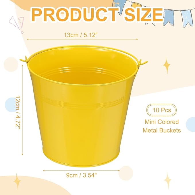 Small Metal Buckets, Mini Buckets with Handle Galvanized Colored Tin Pail Containers Basket Party Supplies - Fit for (Halloween - Classroom Crafts) 5" & 10Pcs & Yellow
