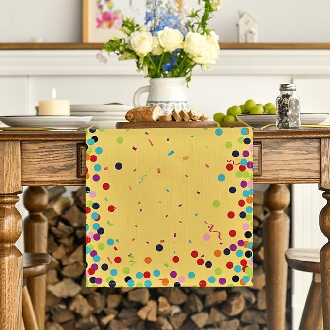 Artoid Mode Polka Dot Yellow Happy Birthday Table Runner, Seasonal Summer Kitchen Dining Table Decoration for Home Party Decor 13x72 Inch