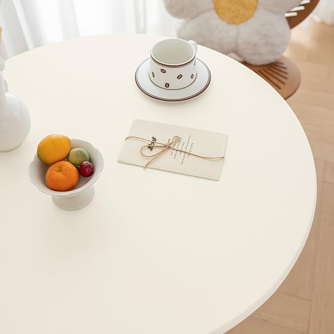 Round Fitted PU Tablecloth with High Elastic Edge 63 Inch Dia Waterproof Oil Proof Table Cloth Anti-Scald Stain-Resistant Wipeable Table Cover for Indoor Outdoor Picnic (Cream,63" Dia)